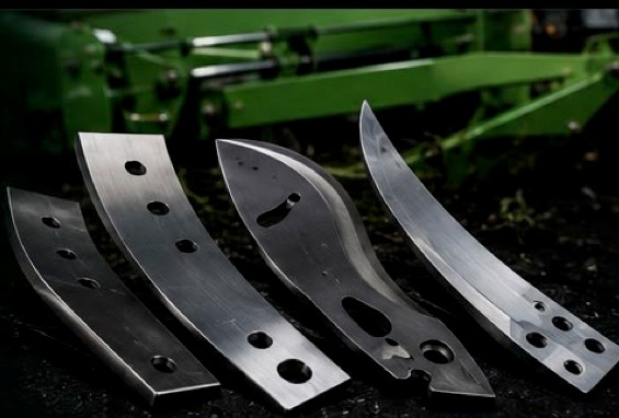 Facas de aço para implementos agrícolas ao lado de equipamento agrícola verde