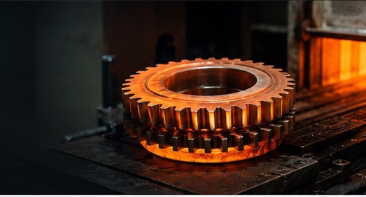 Peça de engrenagem em processo de tratamento térmico a alta temperatura na Granado Metalúrgica