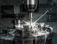 Centro de usinagem CNC trabalhando peça metálica com fluido de corte